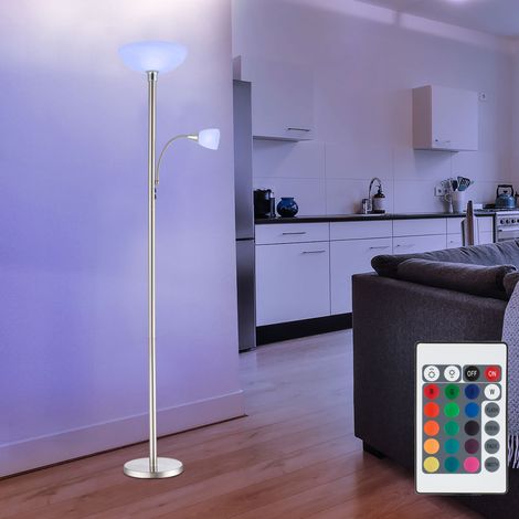 Stehleuchte Deckenfluter Wohnzimmerlampe Schlafzimmerleuchte Stehlampe, Metall Glas nickel Chrom, RGB LED dimmbar Fernbedienung, 1x E24 1x E27, 8,5W 806Lm 3000K warmweiß, H 178cm