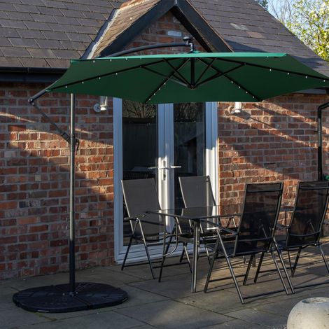 Outdoor 4 Person Rectangular Glass Top Garden Dining Table Chairs With Green Banana Lit Parasol and Base Set (1/5)