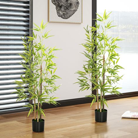 Lot de 2 arbres décoratifs en bambou artificiel, 3 tiges, 120 cm, pot en ciment, vert, facile d'entretien (1/5)