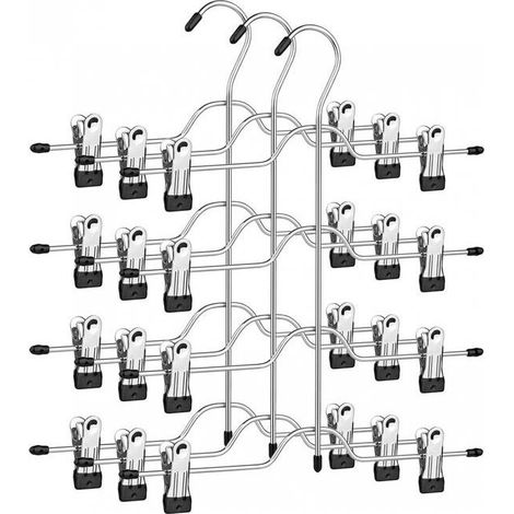 (lot de 3, argent et noir) Cintre en métal, longueur 32 cm, 4 niveaux, 8 clips antidérapants amovibles, convient pour jupes, jeans, serviettes, shor (1/5)