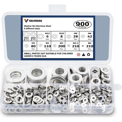 Lot de 900 rondelles plates en acier inoxydable pour vis et boulons, 9 tailles M2, M2,5, M3, M4, M5, M6, M8, M10, M12 (1/5)