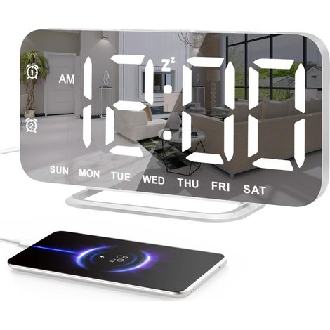 Horloge numérique pour table de chevet, réveil numérique avec grand écran miroir LED, 4 niveaux de luminosité, double alarme, 5 niveaux de volume, snooze, 2 ports de charge USB, 12/24 h, chambre (1/5)