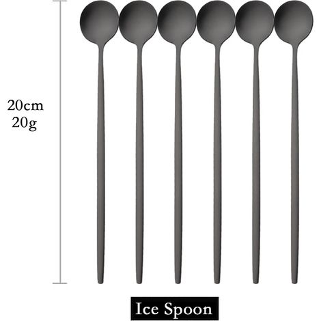 (Noir, lot de 6) Cuillères à long manche mates pour remuer les boissons, couverts en acier inoxydable