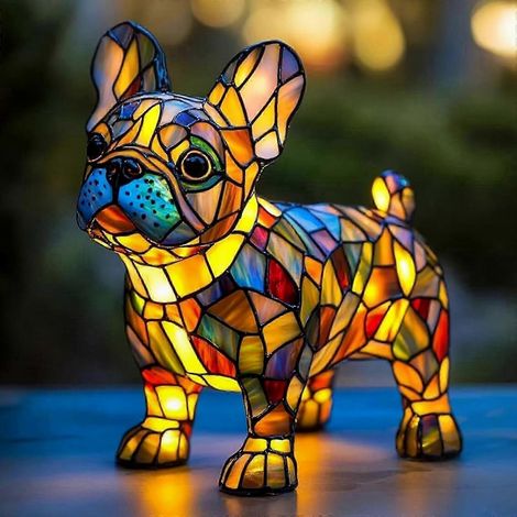 Chien en Résine Lampe de Nuit, Lumière de Table en Vitrail, Veilleuse LED Carlin pour Décoration Intérieure ou Cadeau (1/5)