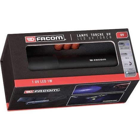 Facom – Lampe torche LED UV non rechargeable 410 lm – Portée 50 m – Faisceau ultraviolet – Pour chantiers humides (1/2)