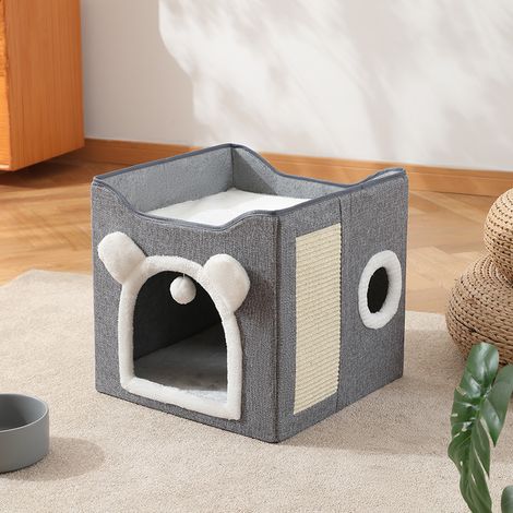Niche Pliable pour Chat, Maison Pliable pour Chats avec terrasse de 2 Couches avec Planche à Gratter et Balle pour Chat