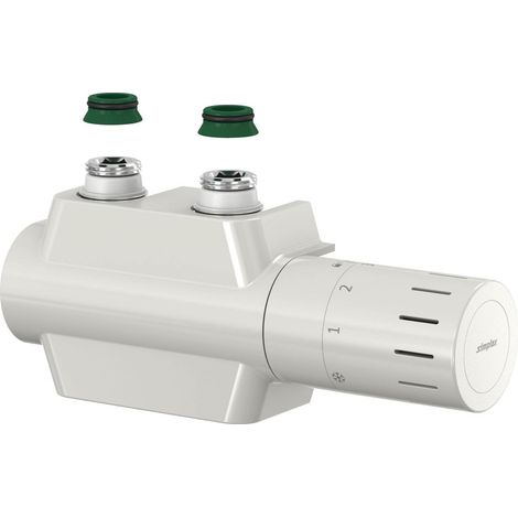 Conjunto termostático VARIODESIGN de 3/4" con carcasa y cabezal con conexión M30x1,5, blanco, conexión izquierda o derecha. El conjunto es compatible.