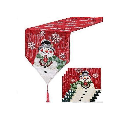 Ensemble de sets de table et chemins de table brodés, motif bonhomme de neige, décorations de Noël pour sets de table (chemin de table (1+4)) (1/5)