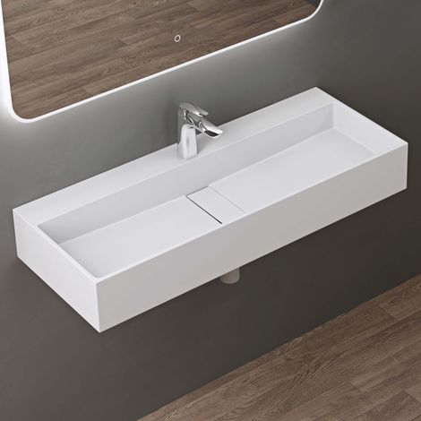 doporro Lavabo sobre encimera 100x40x14cm de diseño Colossum6028 lavabo en blanco mate de fundición mineral con 1 orificio para grifería