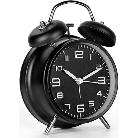 Réveil rétro de 10 cm avec double sonnerie puissante, idéal pour les adultes au sommeil profond. Silencieux, il peut servir de réveil de chevet (noir). (1/5)