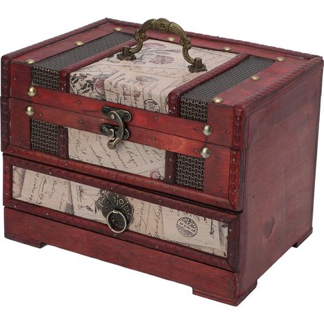 Große Schmuckschatulle, großformatig, mehrlagig, aus robustem Holz, PU-Leder, im Vintage-Design, für Schmuckkarten (1/5)