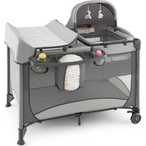 Lit Bébé 5 en 1 Lit Parapluie Pliable Parc Bébé Table à Langer avec Berceau Matelas Amovible Jouets Gris (1/2)