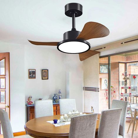 Ventilateur de plafond 76 cm avec lumière LED 40W, télécommande, interrupteur mural, 6 vitesses, 3 pales ABS, Noir et noyer (1/5)