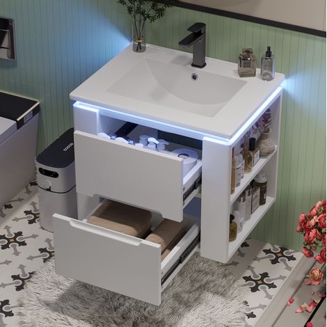 Mobile lavabo sospeso 61x46x48,5 cm in MDF bianco con vano portaoggetti, bagno FloraGrace (1/5)
