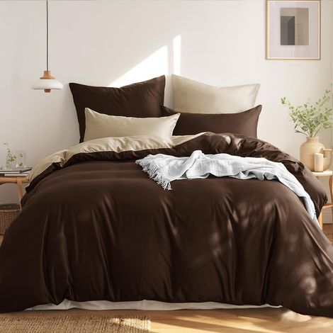 Parure de lit 200 x 200 cm en coton marron - Parure de lit 3 pièces réversible avec fermeture éclair - Housse de couette bicolore marron et kaki (1/5)