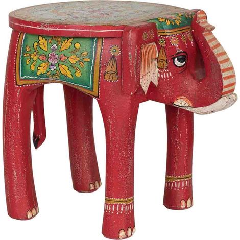 Taburete de madera elefante multicolor pintado a mano 50x35x46 cm