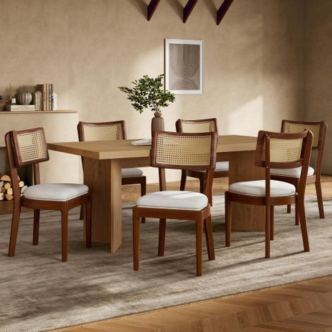 Lot de 6 chaises de salle à manger en bois massif avec dossiers en rotin - coussins en velours - finition noyer (1/5)