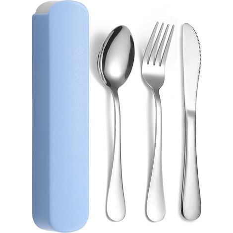 3-teiliges Besteckset aus Edelstahl, Gabel, Löffel, Messer, Aufbewahrungsbox, spülmaschinenfest, ideal für Camping, Picknick, Reisen, Schule und Büro. (1/5)