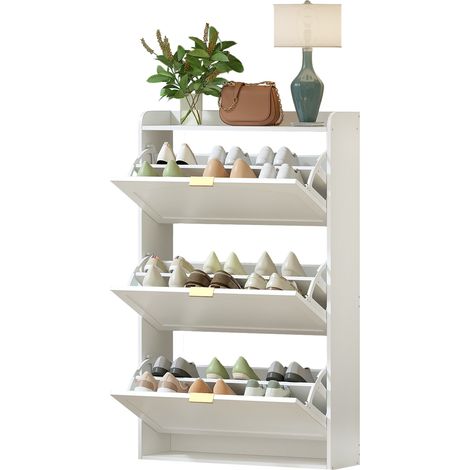 ELVMI Scarpiera con 3 ante a ribalta e sistema antiribaltamento, per ingresso e soggiorno, in truciolare, Bianco, 76x23x118 cm (1/5)
