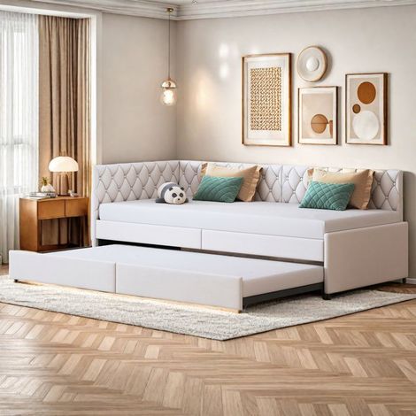 Lit gigogne 90x200 cm, Canapé-lit extensible avec sommiers à lattes, 2 places, style contemporain, Tissu Velours doux, beige