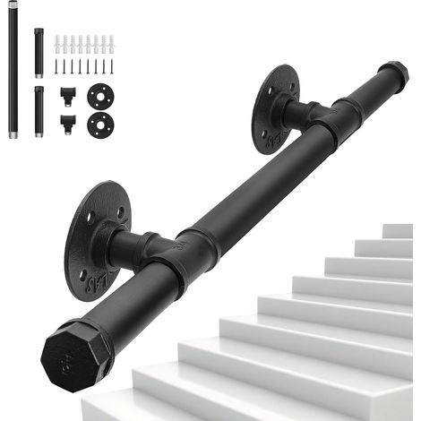 1M Main Courante pour Escalier, Rampe d'Escalier Murale en Tube Industriel, Main Courante en Fer pour Escaliers Intérieurs et Extérieurs Loft Porche, Capacité de Charge 150KG (Noir) (1/5)
