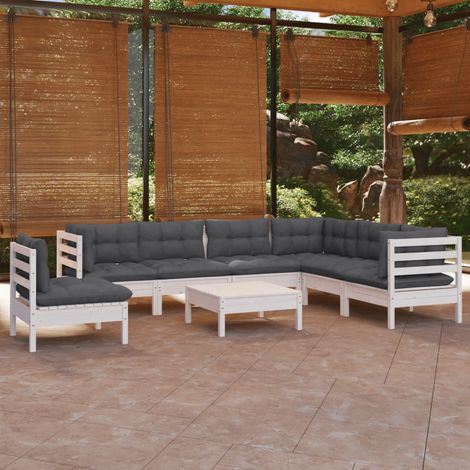 Salon de jardin 8 pcs Ensemble Table et Chaise de Jardin - avec coussins Blanc Bois de pin solide BV390860 - BonneVie (1/5)