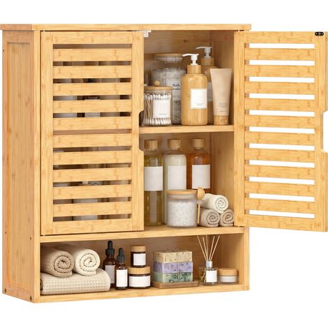 HOMCOM Wall Mounted Bathroom Cabinet with 2 Louvered Doors, Open Shelf (1/5)
