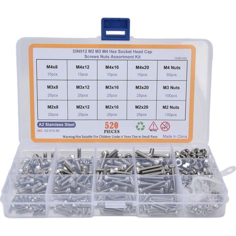 Kit d'assortiment de vis à capuchon hexagonal, écrous en acier inoxydable 520, Kit M2 M3 M4 avec boîte de rangement, 304 pièces (1/5)