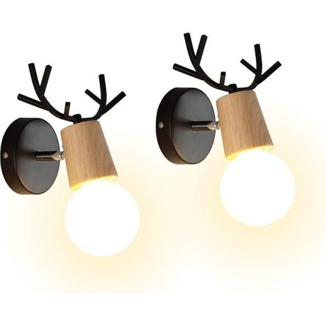 Lot de 2 Applique Murale Moderne Créative Design Deer Antler Lampes Murale Interieur en Bois et Métal Lampe de Mur Art Déco pour Chambre Salon Couloir Restaurant Salle de Bains (Noir) (1/4)