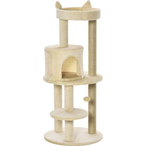 PawHut Albero per Gatti a 3 Livelli con Casetta e Pallina Crema