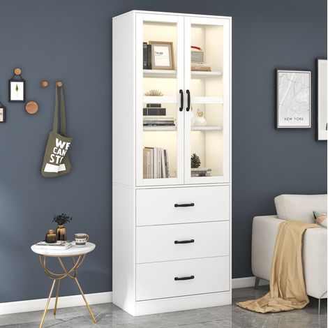 Vitrine blanc LED, meuble de rangement pour salon chambre, 2 portes verre, 3 tiroirs, étagères réglables, 60x40x200 cm, MDF (1/5)