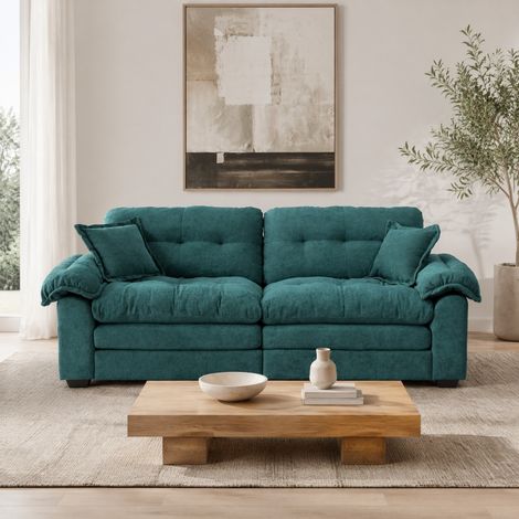 Divano 2 posti 214x89x93 cm en tejido chenille verde, con 2 cojines, para pequeños salones – MEUBLIV (1/5)