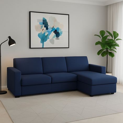 Dmora - Canapé fixe Dland, Canapé d'angle, 100% Made in Italy, Canapé Salon, avec conteneur réversible Péninsule, en tissu matelassé, avec accoudoirs standards, Cm 280x95h90, Bleu (1/5)
