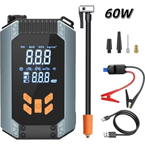Gonfleur de pneus de voiture 4 en 1, Booster Batterie, Démarreur de voiture Urgence, 150PSI, -20℃ +50℃, Lamp LED, 60W, 1000A (1/5)