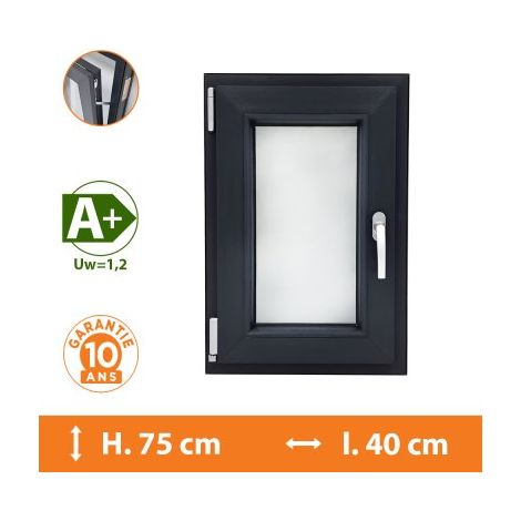 Direct Fenêtres – Fenêtre PVC 1 vantail gris anthracite – Ouverture oscillo-battante – H.75 x l.40 cm – Isolation thermique A+