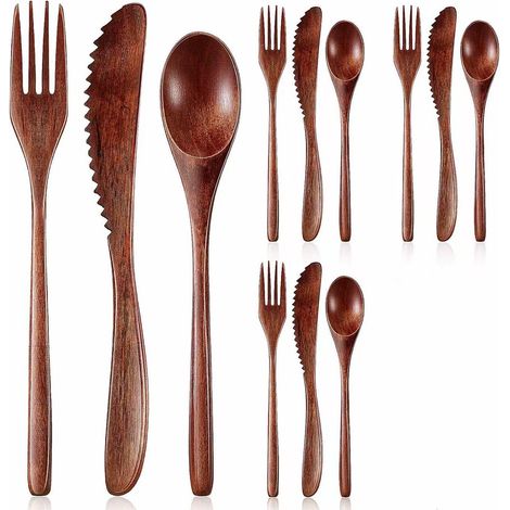 Cutlery & 4pcs-225 half-round handle spoon (nanmu wood) + 4pcs-225 half-round handle fork (nanmu wood) + 4pcs-215 bread knife (nanmu (1/5)