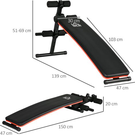 Banc abdominal pliable et réglable en hauteur avec dossier rembourré, 47x139x51-69cm, disponible en noir et rouge. (1/5)