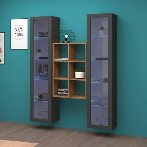 Graue schwebende Wohnzimmerwand aus Holz mit Bücherregal und 2 Vitrinen Kesia RT