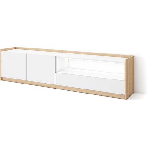 Skraut Home - Mueble TV, Televisión, Muebles de salón, almacenaje, 207x37x50cm, Para TV hasta 80", LED, Estilo Moderno, Blanco y roble soft (1/5)