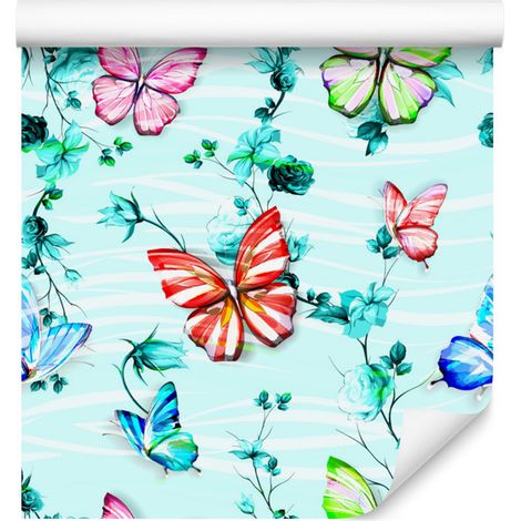 Papel pintado de mariposas, flores verdes y hojas para salón y dormitorio, 50x1000 cm. (1/5)