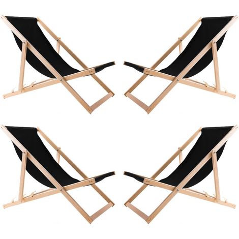 4 chaises longues en bois, tissu noir (1/4)