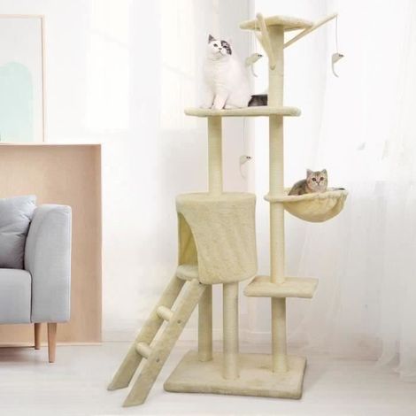 JIPSY Kratzbaum beige 79 x 34 x 138 cm - 3 Plattformen, 1 Schlafplatz, 1 Höhle, 1 Treppe, Kratzsäulen