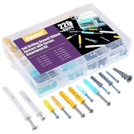 220 pcs Tailles assorties creux Self perçage pour cloison sèche ancres kit, plastique Self perçage pour cloison sèche nervuré ancres Assortiment avec (1/5)