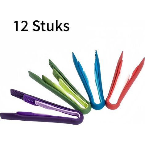 12 stuks kunststof keukentang set – grote, middelgrote en kleine tang – antislip – voor brood, salade, vlees en barbecue – voedselveilig PP – 4 kleuren (1/5)