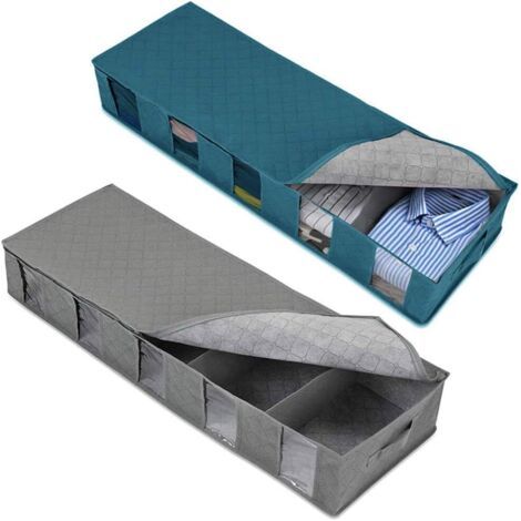 BUNTHAUS Lot de 2 rangements pour vêtements en tissu sous la commode de lit, sac de rangement non tissé pliable anti-poussière (gris, bleu) (1/5)