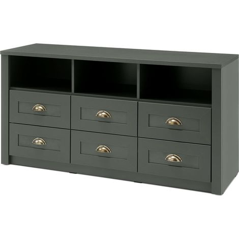 Landhaus TV-Lowboard mit 6 Schubkästen ATHEN-61 in edlem englisch-grün, B/H/T: 130/67/43 cm (1/5)