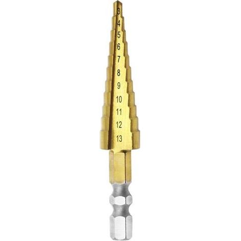 Mengshen 3-13mm Step Drill Bit, Titanium Coated High Speed Steel Step Drill Bit Cutter Hex Shank Power Tools HSS Professional Pagoda Step Drill Bit Multifunctional Hole Reamer Drilling (1/4)