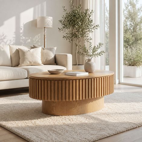 Mesa de centro ovalada estriada de 98 cm con almacenamiento oculto, mesa de cóctel moderna chapada en madera maciza, fácil montaje en 5 minutos, mesa auxiliar para sala de estar, dormitorio, apartamen (1/5)