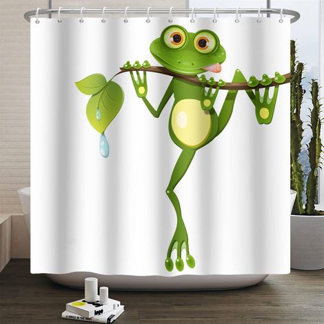 152x183cm Mignon Dessin animé Grenouille Rideau de Douche Peu Grenouille sur Arbre Bifurquer Vert Feuilles Été Blanc Rideau de Baignoire pour Enfants Salle Bains Polyester avec Crochets (1/5)