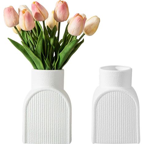 Lot de 2 vases en plastique moderne blanc résistant et incassable – design rayé élégant pour salon, bureau ou mariage (1/4)